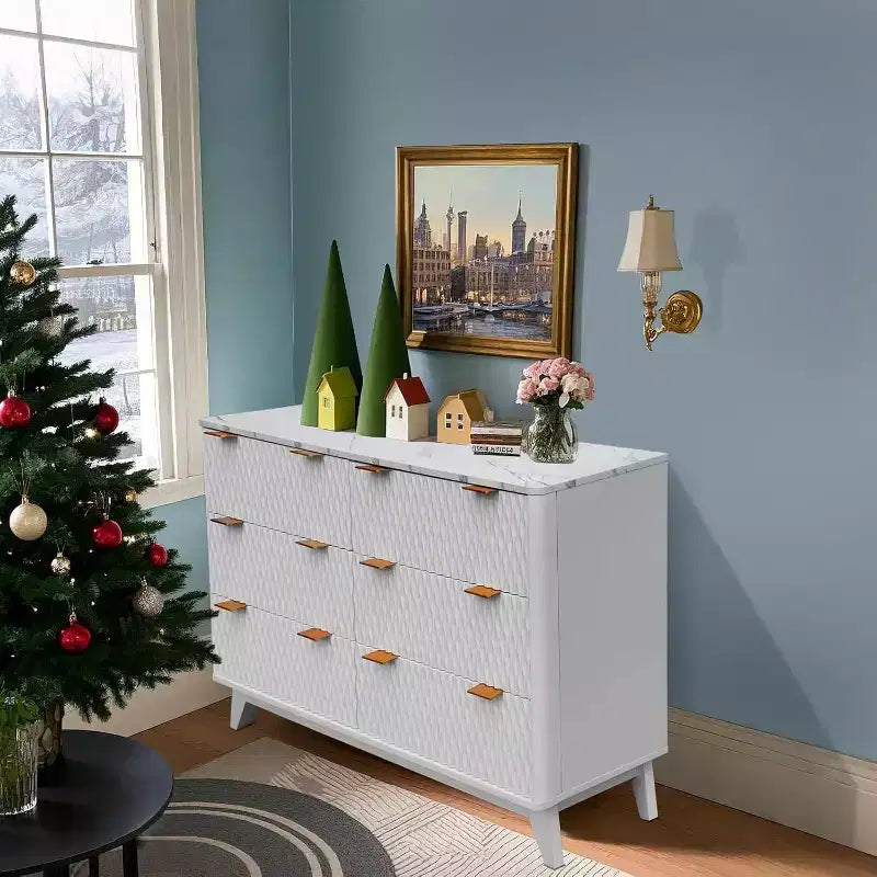 Commode à 6 tiroirs avec plateau en faux marbre, armoire de rangement robuste avec dispositif anti-basculement