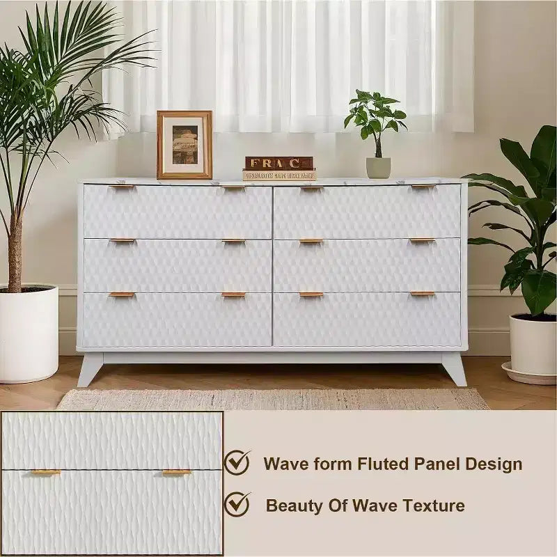 Commode à 6 tiroirs avec plateau en faux marbre, armoire de rangement robuste avec dispositif anti-basculement