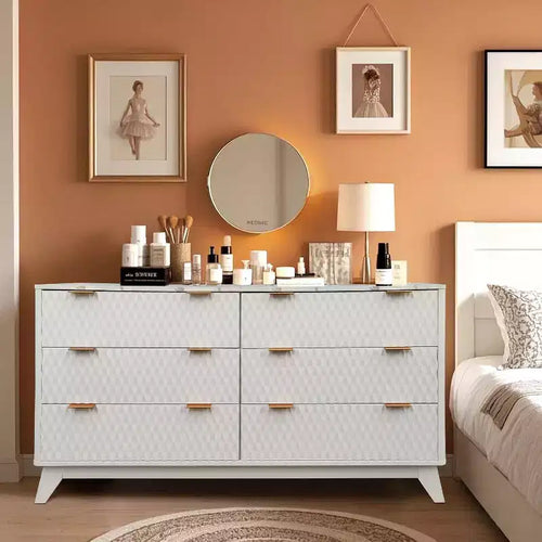 Commode à 6 tiroirs avec plateau en faux marbre, armoire de rangement robuste avec dispositif anti-basculement