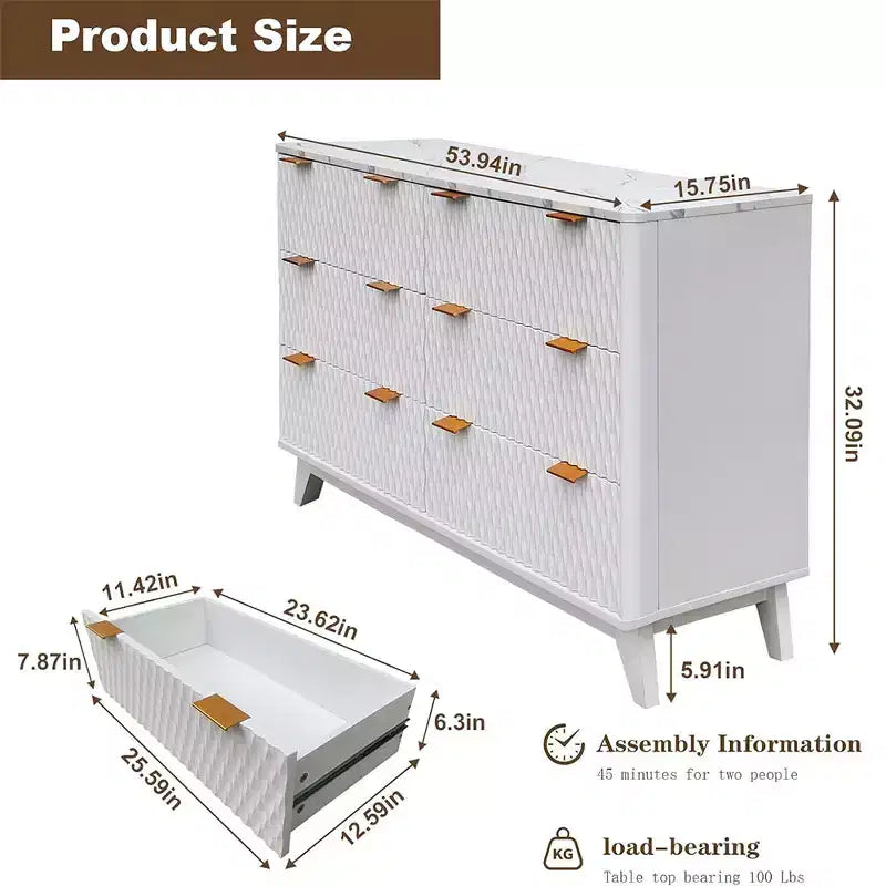 Commode à 6 tiroirs avec plateau en faux marbre, armoire de rangement robuste avec dispositif anti-basculement