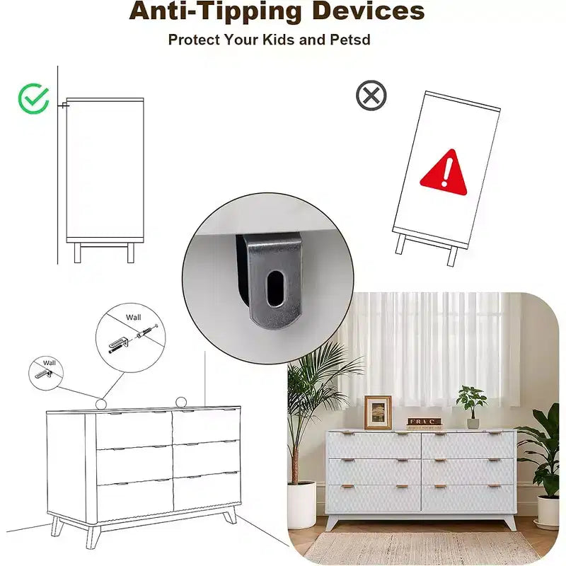 Commode à 6 tiroirs avec plateau en faux marbre, armoire de rangement robuste avec dispositif anti-basculement