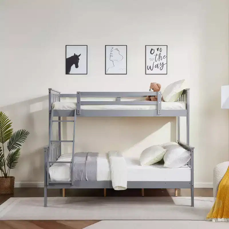 Lit superposé jumeau sur lit double pour enfants, cadre de lit en bois avec garde-corps haut et échelle