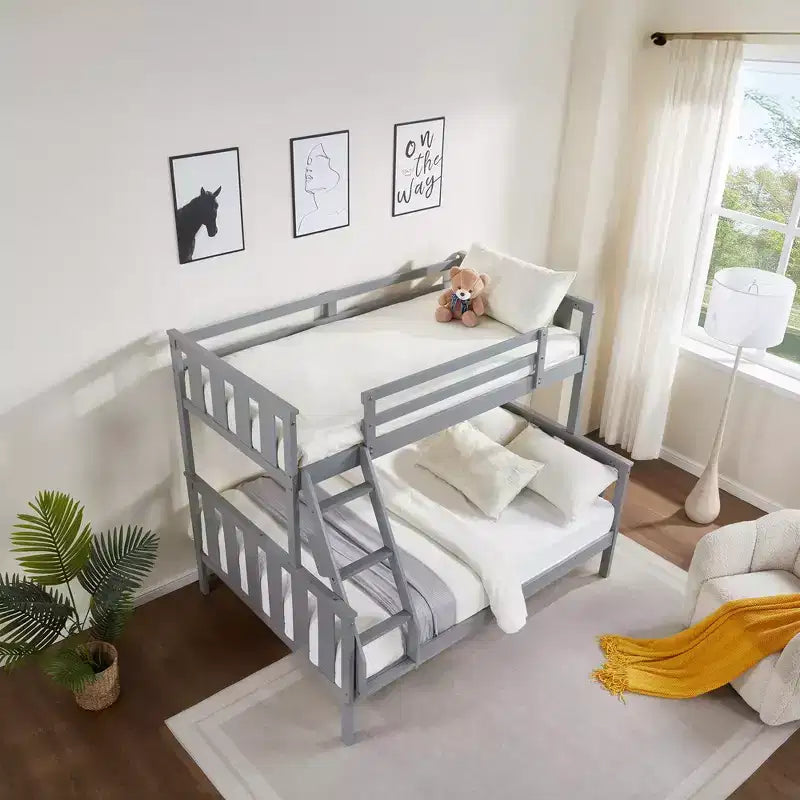 Lit superposé jumeau sur lit double pour enfants, cadre de lit en bois avec garde-corps haut et échelle