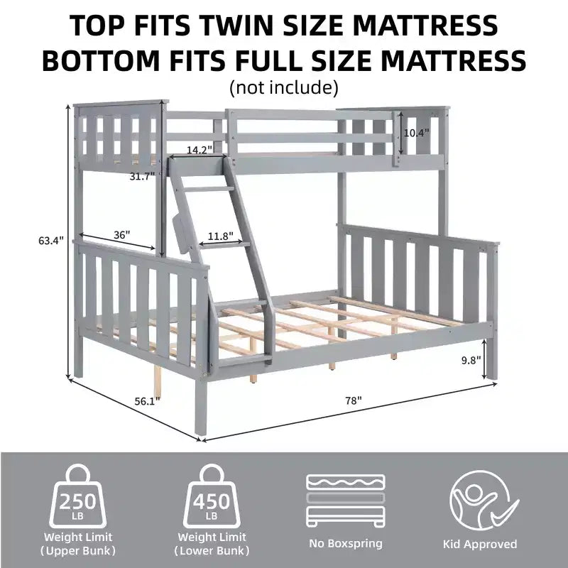 Lit superposé jumeau sur lit double pour enfants, cadre de lit en bois avec garde-corps haut et échelle