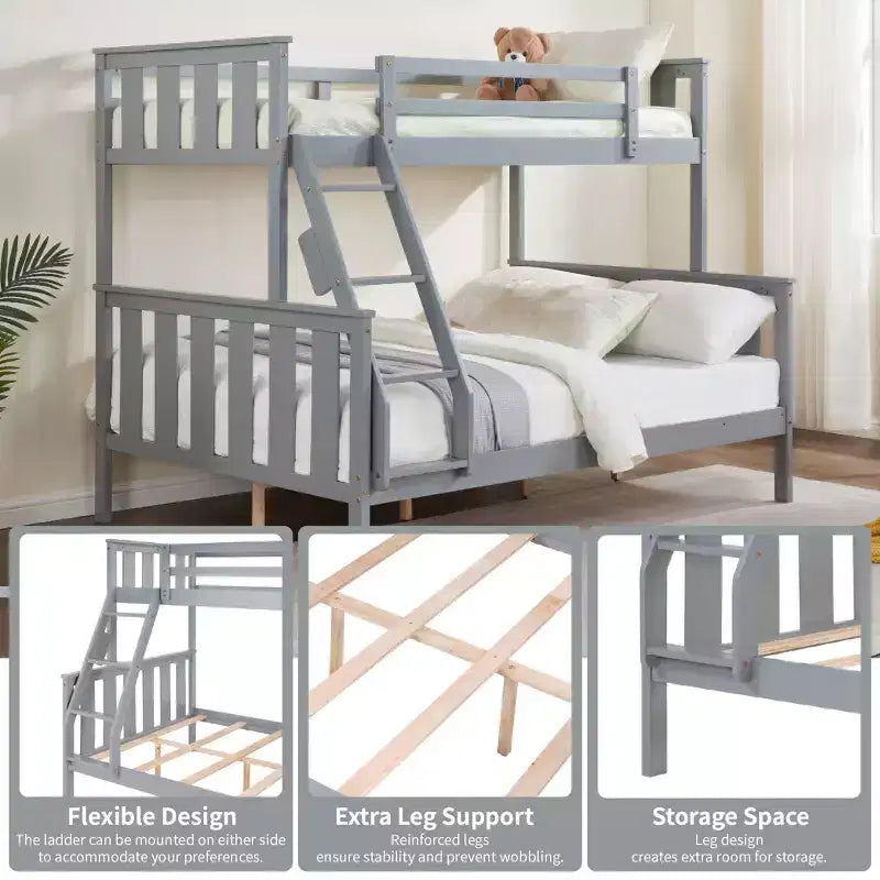 Lit superposé jumeau sur lit double pour enfants, cadre de lit en bois avec garde-corps haut et échelle