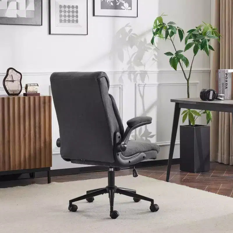 Fauteuil de bureau pivotant mi-dossier en coton et lin avec accoudoirs réglables