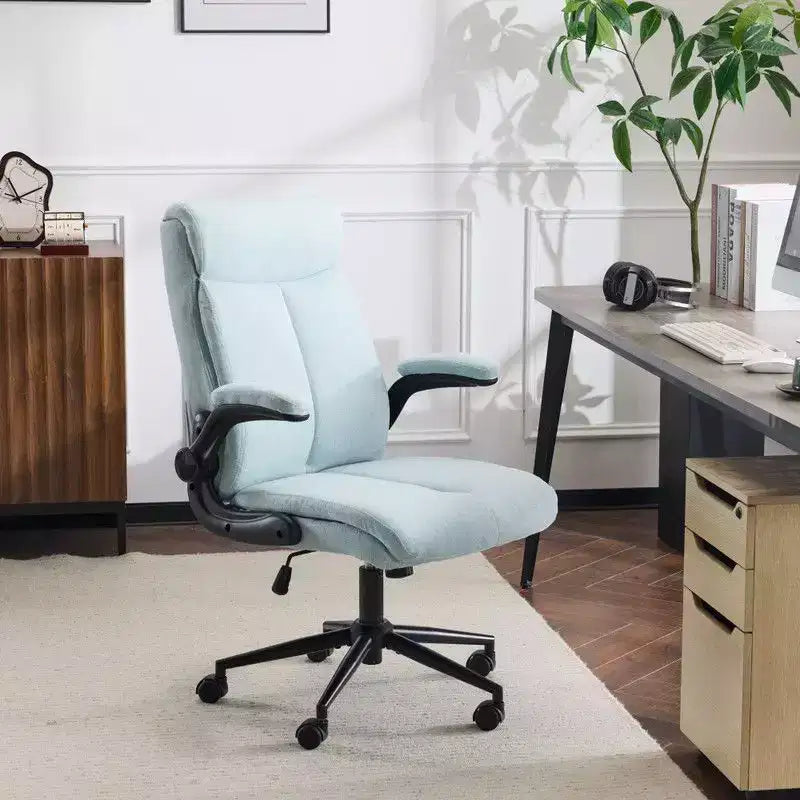 Fauteuil de bureau pivotant mi-dossier en coton et lin avec accoudoirs réglables
