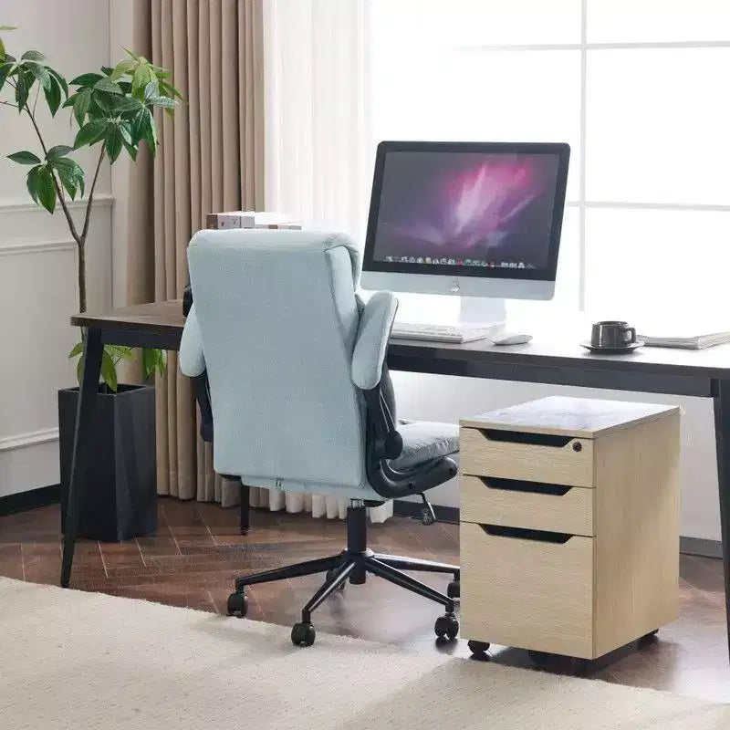 Fauteuil de bureau pivotant mi-dossier en coton et lin avec accoudoirs réglables