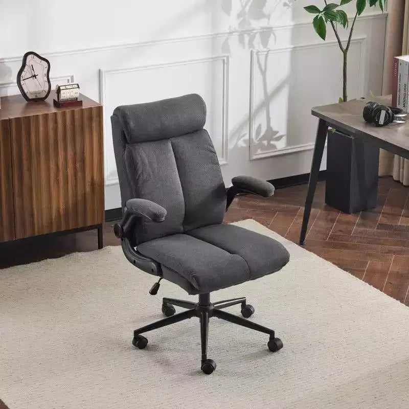Fauteuil de bureau pivotant mi-dossier en coton et lin avec accoudoirs réglables