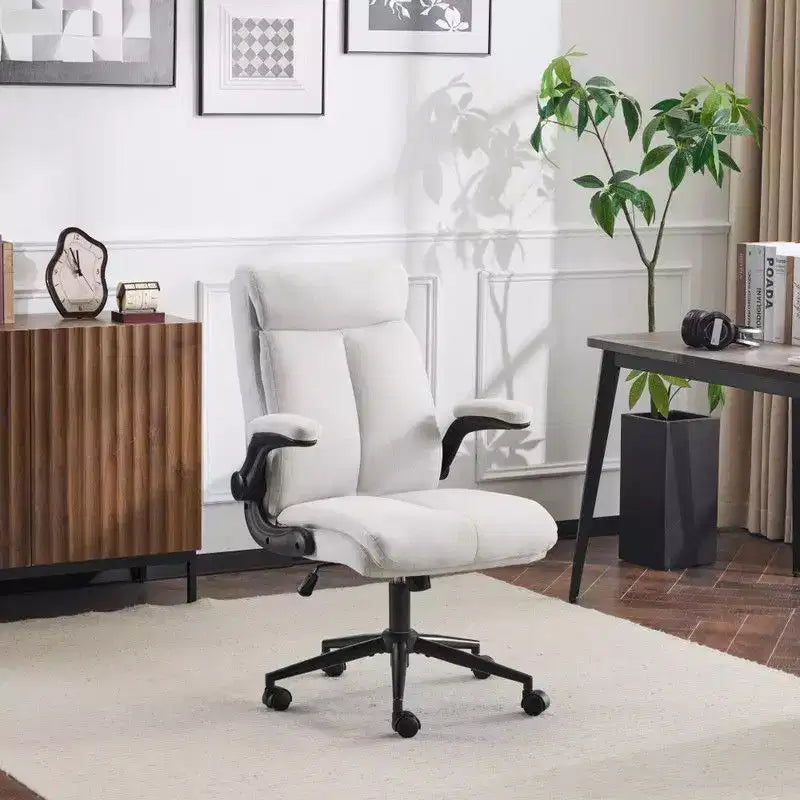 Fauteuil de bureau pivotant mi-dossier en coton et lin avec accoudoirs réglables