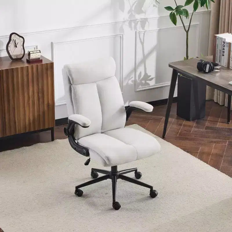 Fauteuil de bureau pivotant mi-dossier en coton et lin avec accoudoirs réglables