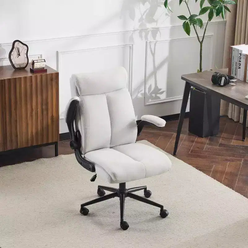 Fauteuil de bureau pivotant mi-dossier en coton et lin avec accoudoirs réglables