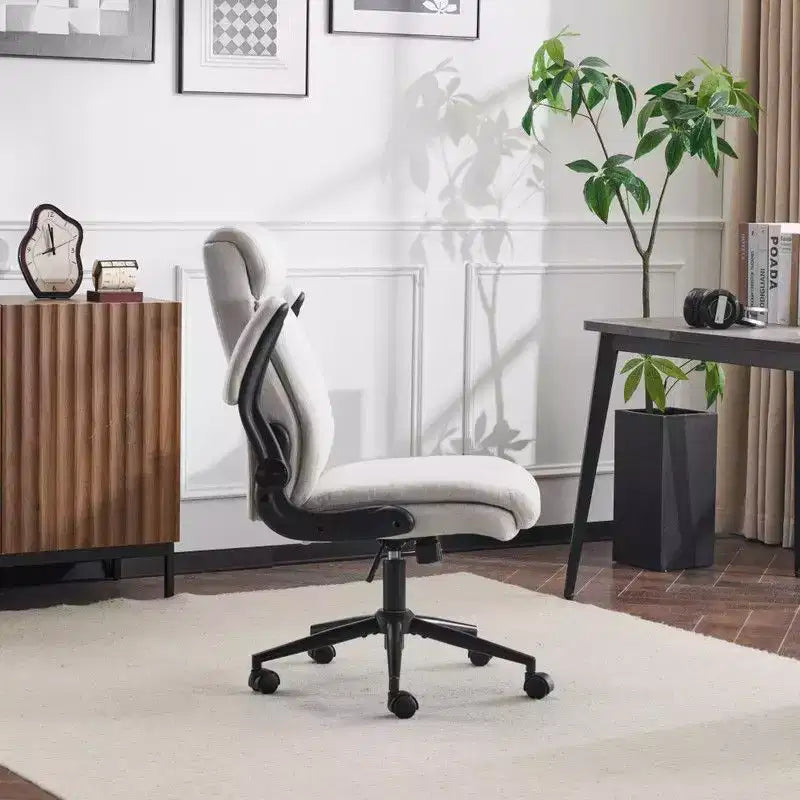 Fauteuil de bureau pivotant mi-dossier en coton et lin avec accoudoirs réglables