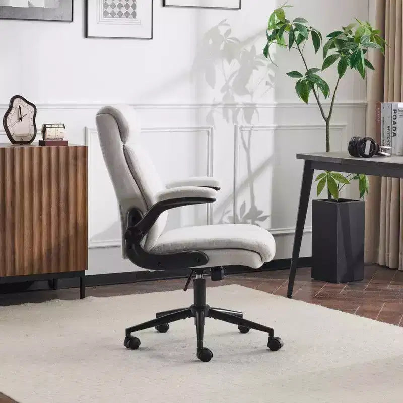 Fauteuil de bureau pivotant mi-dossier en coton et lin avec accoudoirs réglables
