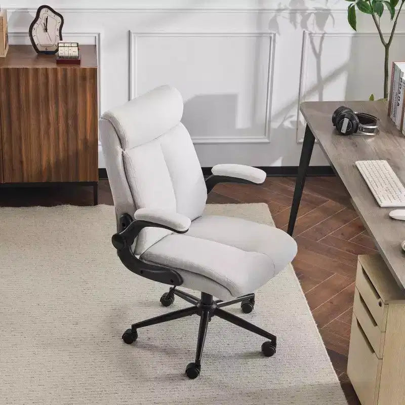Fauteuil de bureau pivotant mi-dossier en coton et lin avec accoudoirs réglables