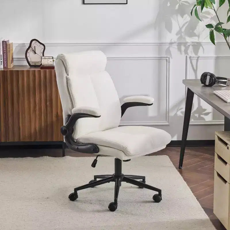 Fauteuil de bureau pivotant mi-dossier en coton et lin avec accoudoirs réglables