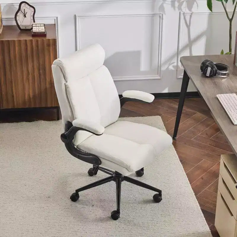 Fauteuil de bureau pivotant mi-dossier en coton et lin avec accoudoirs réglables