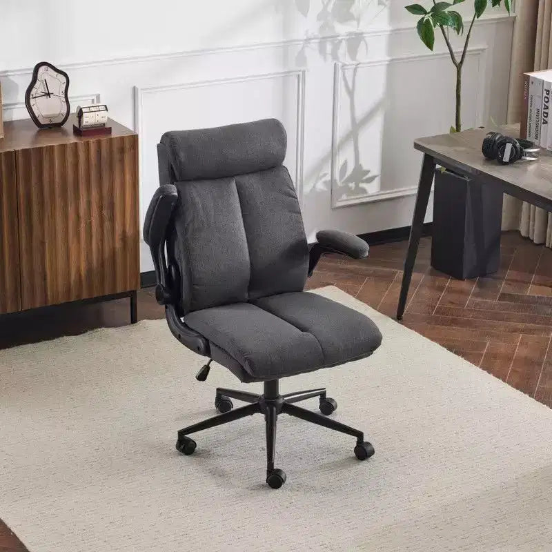 Fauteuil de bureau pivotant mi-dossier en coton et lin avec accoudoirs réglables