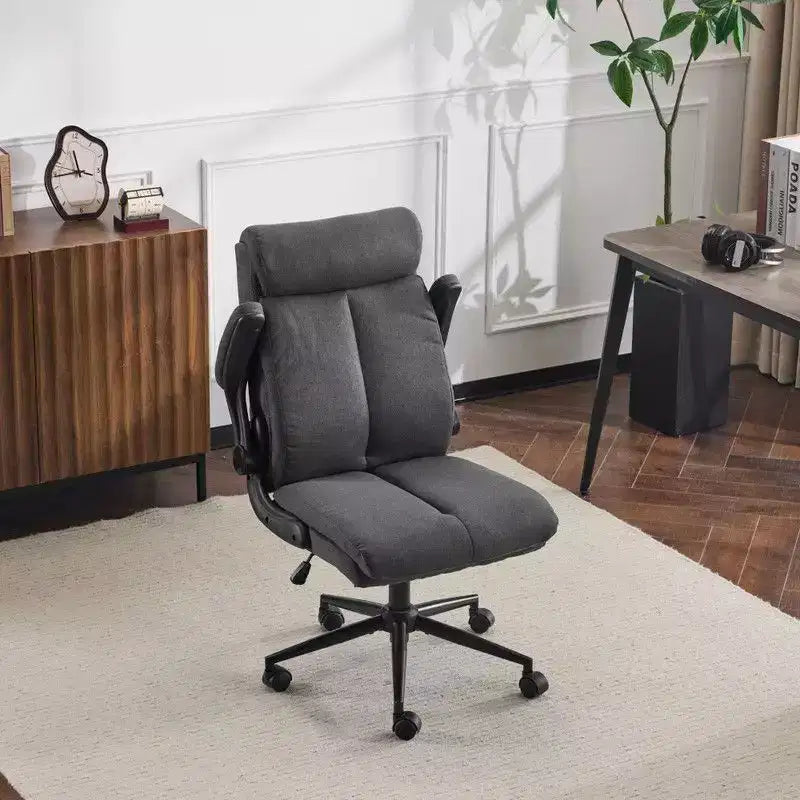Fauteuil de bureau pivotant mi-dossier en coton et lin avec accoudoirs réglables