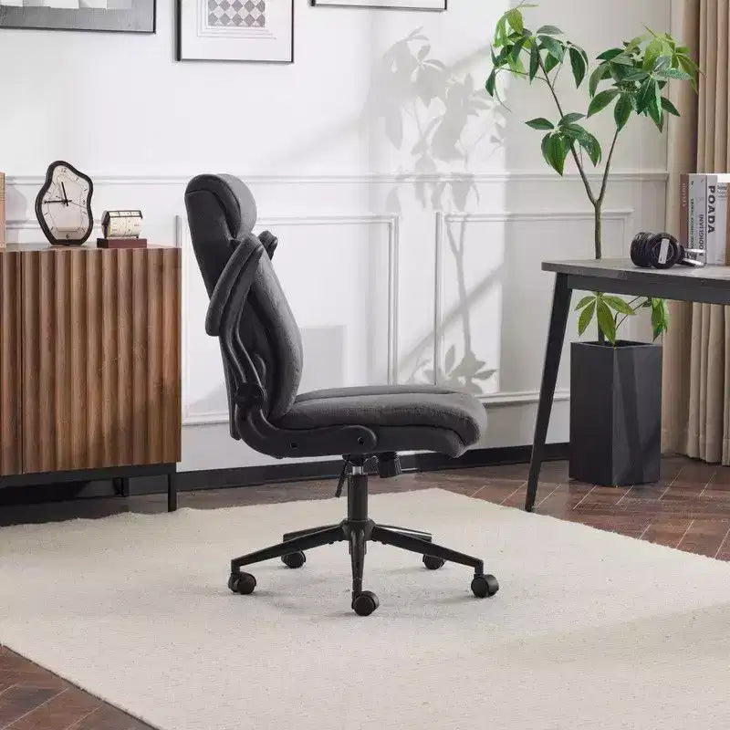 Fauteuil de bureau pivotant mi-dossier en coton et lin avec accoudoirs réglables