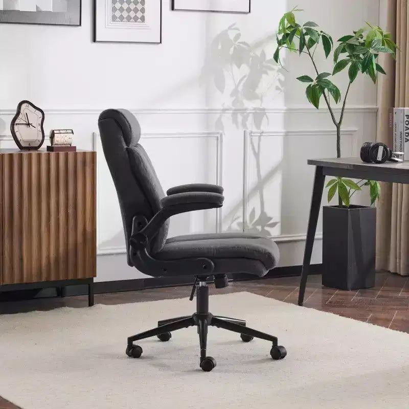 Fauteuil de bureau pivotant mi-dossier en coton et lin avec accoudoirs réglables