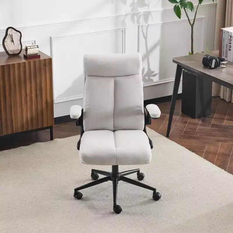 Fauteuil de bureau pivotant mi-dossier en coton et lin avec accoudoirs réglables