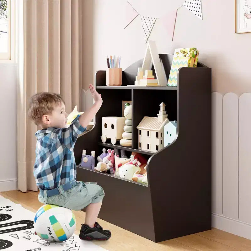 Bookcase and Toy Storage Cabinet, 3-Tier Shelf with Cubby Organizer for Toys, for Playroom, Bedroom and Hallway, Brown