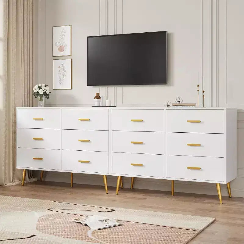 Commode à 6 tiroirs, commode moderne en bois avec poignées dorées