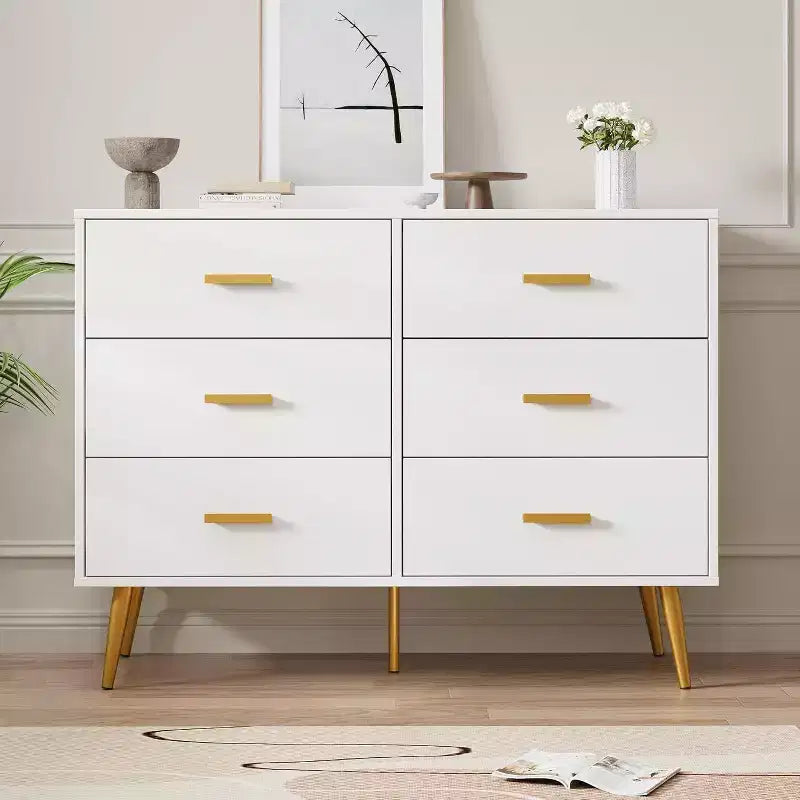 Commode à 6 tiroirs, commode moderne en bois avec poignées dorées