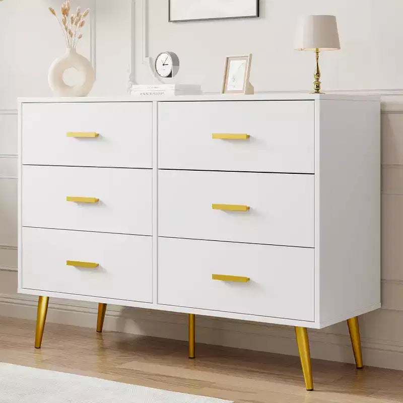 Commode à 6 tiroirs, commode moderne en bois avec poignées dorées