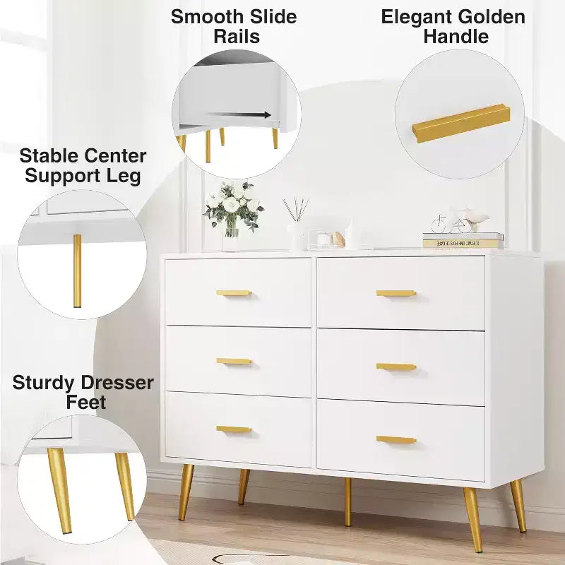 Commode à 6 tiroirs, commode moderne en bois avec poignées dorées