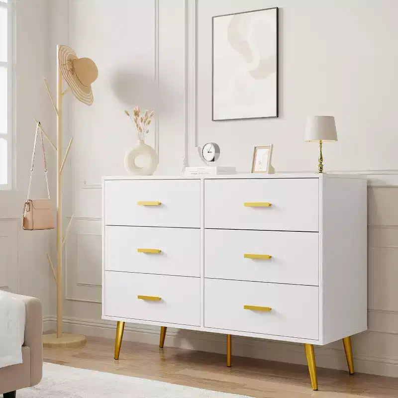 Commode à 6 tiroirs, commode moderne en bois avec poignées dorées