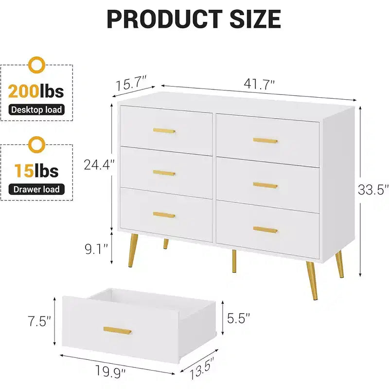 Commode à 6 tiroirs, commode moderne en bois avec poignées dorées