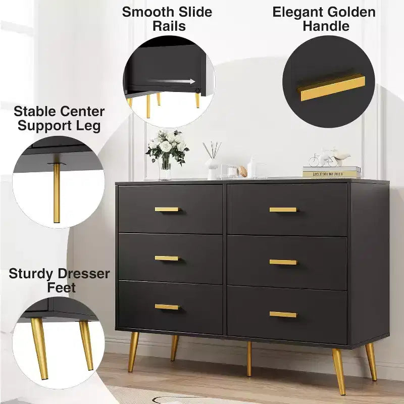 Commode à 6 tiroirs, commode moderne en bois avec poignées dorées