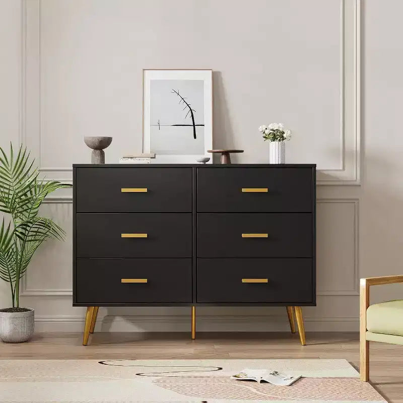 Commode à 6 tiroirs, commode moderne en bois avec poignées dorées