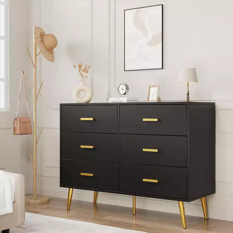 Commode à 6 tiroirs, commode moderne en bois avec poignées dorées