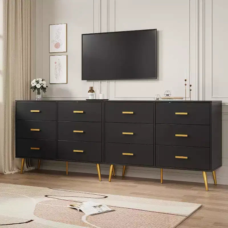 Commode à 6 tiroirs, commode moderne en bois avec poignées dorées