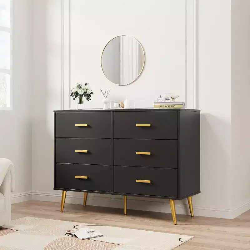 Commode à 6 tiroirs, commode moderne en bois avec poignées dorées