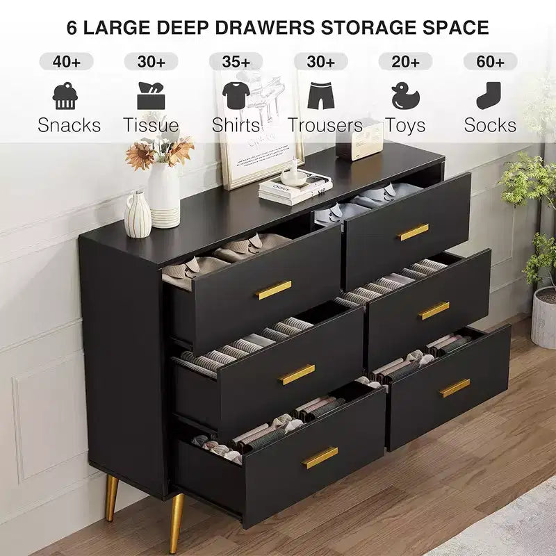 Commode à 6 tiroirs, commode moderne en bois avec poignées dorées