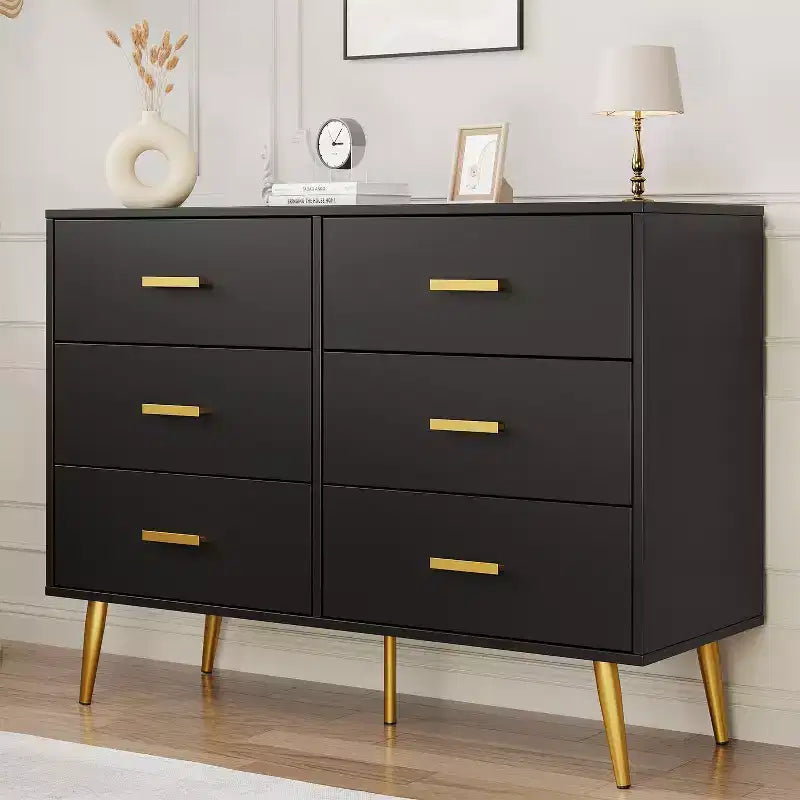 6 Drawer Dresser, Modern Wooden Dresser with Gold Handles and Storage Space, Chest of Drawers