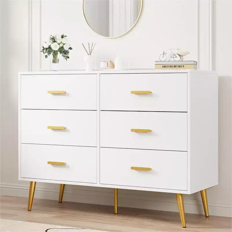 Commode à 6 tiroirs, commode moderne en bois avec poignées dorées