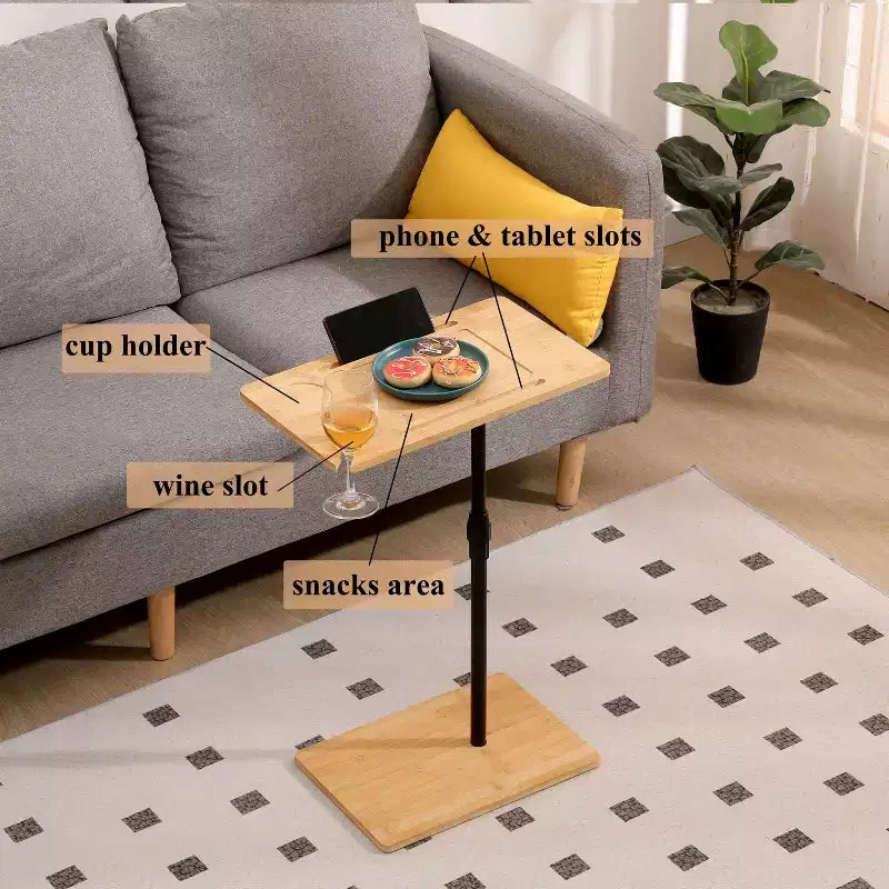 Table d'appoint en bambou réglable en hauteur en forme de C