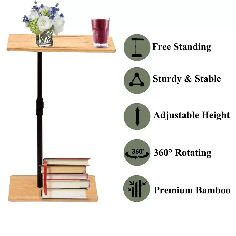 Table d'appoint en bambou réglable en hauteur en forme de C