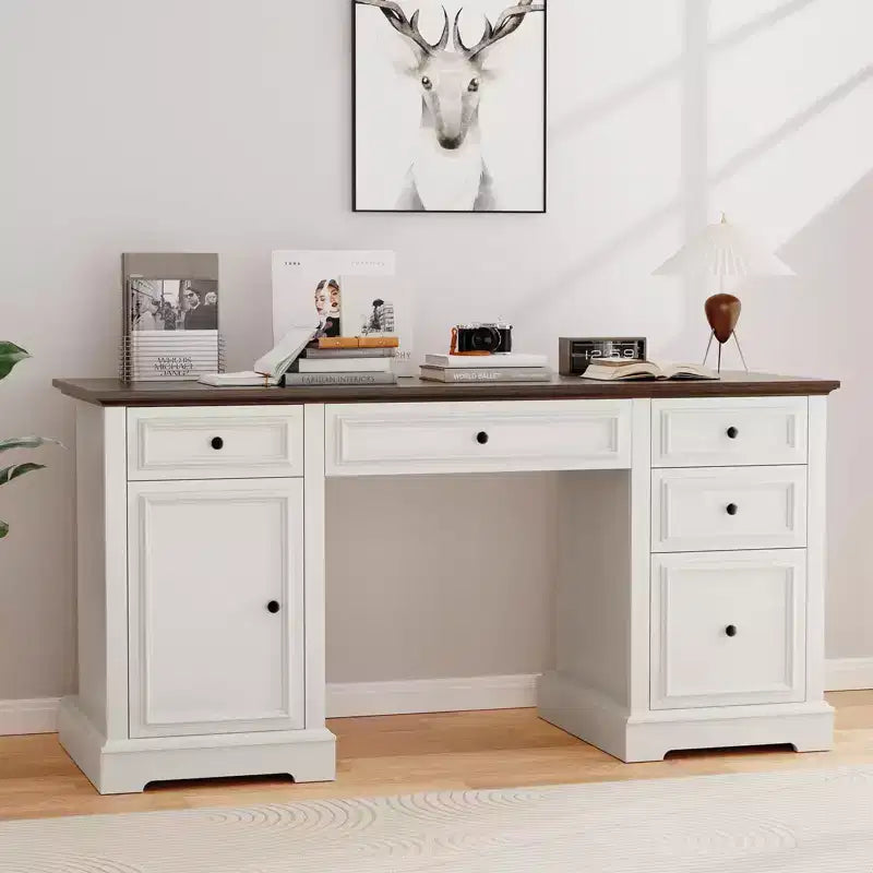 Dyonery 60 Farmhouse Executive Office Desk with Drawers and File Cabinet, Embossed Texture Wood Home Office Desk,Black/Brown/White and brown