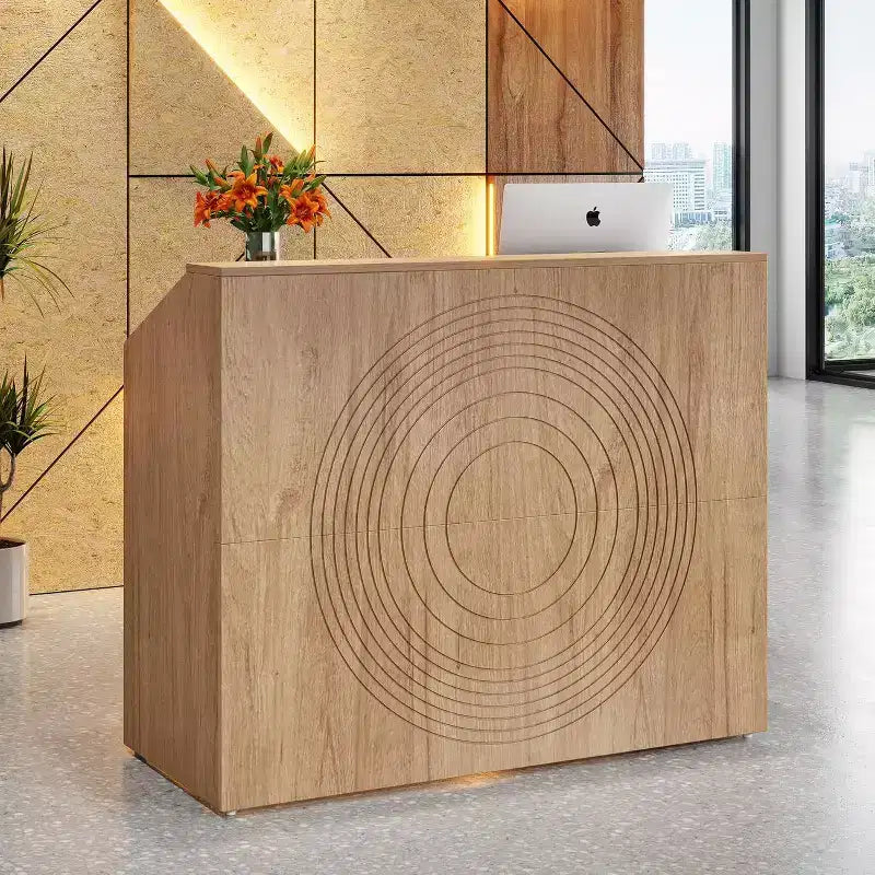 Lantine 47-Inch Reception Desk with Counter, Modern Front Desk with Cable Grommet for Checkout, Lobby, Beauty Salon, Home Office, Oak Finish