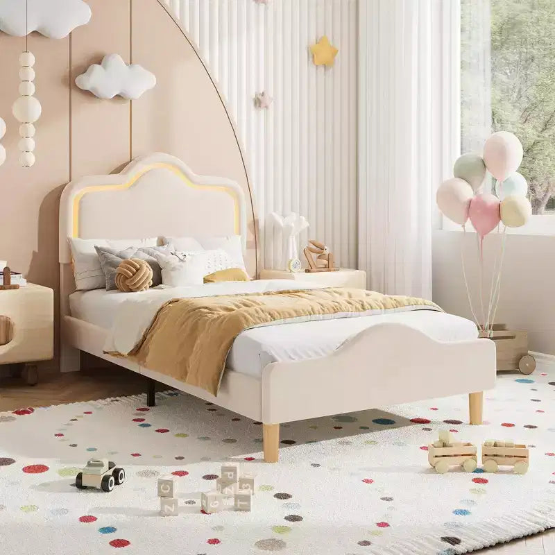 Twin XL Size Upholstered LED Bed Frame with Adjustable Headboard and Footboard, Platform Bed Frame for Kids, No Box Spring Needed