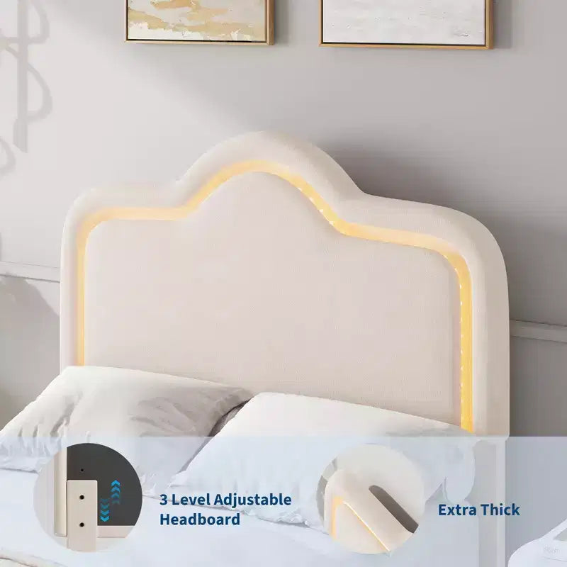 Cadre de lit capitonné avec éclairage LED, tête et pied de lit réglables