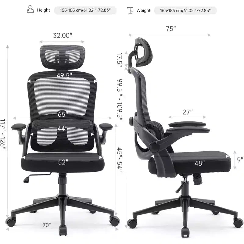 Chaise de Bureau Ergonomique Support Lombaire Réglable Inclinaison 110-130 Accoudoirs 3D Pivotants