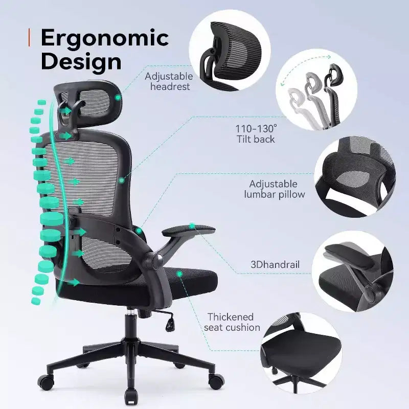 Chaise de Bureau Ergonomique Support Lombaire Réglable Inclinaison 110-130 Accoudoirs 3D Pivotants