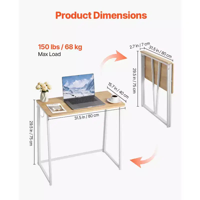 Bureau pliable, table pliable de 80 cm pour petits espaces avec crochets de rangement